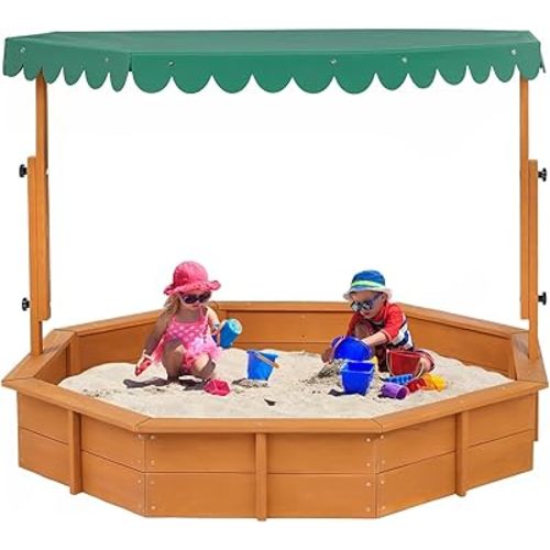 ISBA Sandbox with Lid Wood Sandbox with Cover,Toddler Sand Boxes with Canopy for Backyard Garden Octagonal Outdoor Playhouse with Adjustable Lid for Aged 3-9 Years Old