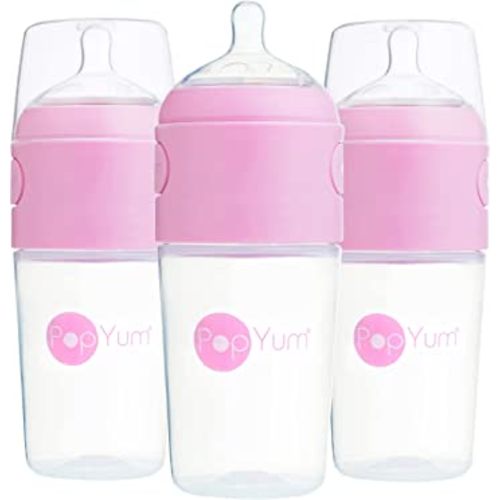 PopYum Biberones de 9 oz para hacer fórmulas anticólicos rosadas, mezcla/dispensador, paquete de 3 con pezones de flujo medio #2, 8.8 fl oz, sin BPA, cierre natural
