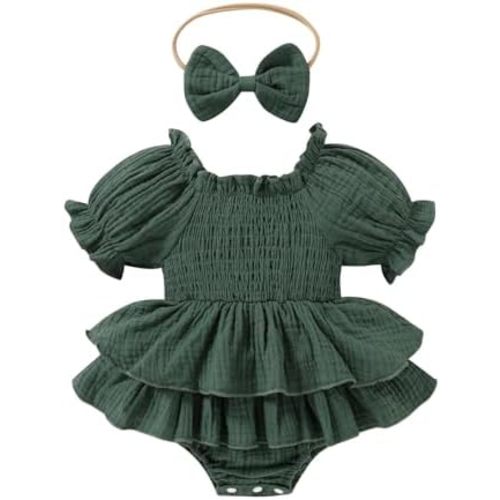 Happy Town Baby Girl Clothes Infant Summer Romper Dress Ruffle Short Sleeve Jumpsuit with Headband Cute Toddler Outfits