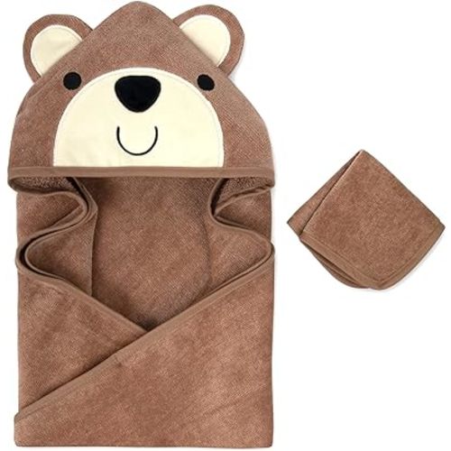 Baby Animal Hooded Towel and Washcloth Set for Newborns, Infants, Toddlers Boys and Girls 3-24 Months (Beaming Brown Bear)
