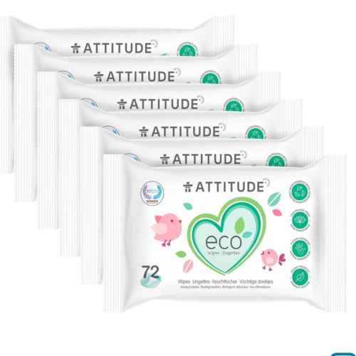 ATTITUDE Biodegradable Baby Wipes, Plant Based Unscented Diaper Wipes for Babies and Newborn, Dermatologically Tested, Vegan, 72 Count (Pack of 6)