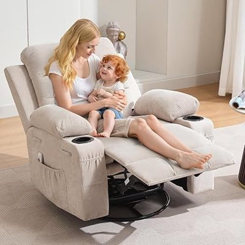 Swivel Rocker Recliner Chair with Massage and Heat, Oversized Glider Recliner Nursery Chair,Single Sofa Seat,Lazy Boy Reclining Sofa with Side Pockets, Front Pockets and Cup Holder