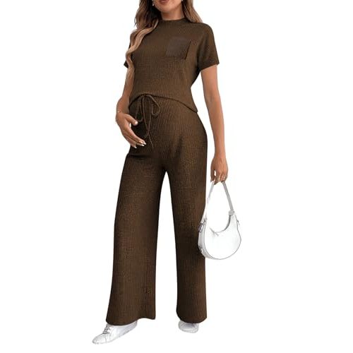 OYOANGLE Women's Maternity Lounge Set 2 Piece Ribbed Knit Short Sleeve Top and Pants Pajama Set Sleepwear