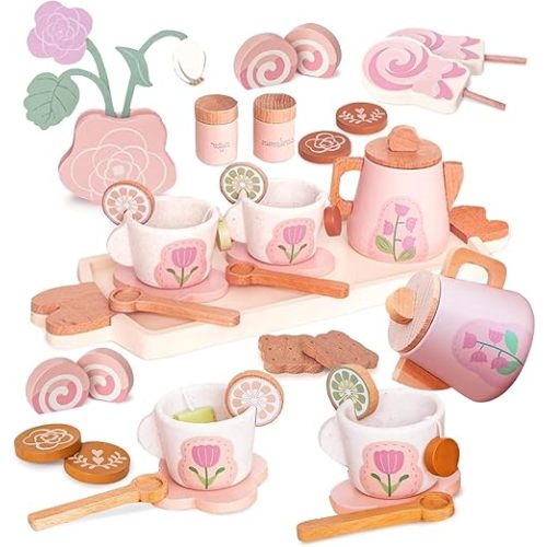 Wooden Tea Set for Little Girls, Pretend Play Tea Party Set Toy with 27 PCS Play Kitchen Accessories, Princess Tea Set Toy, Birthday Gift for Kids 3-5 Years Old, Improve Imagination