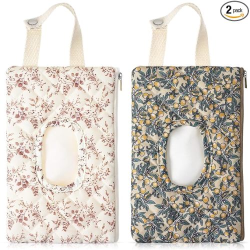 2 Pcs Quilted Diaper and Wipes Pouch Portable Hanging Floral Wet Wipe Bag Diaper Bag Reusable Wipes Pouch for for Stroller Car Travel Infant Diapering Organizer (Mixed Floral)