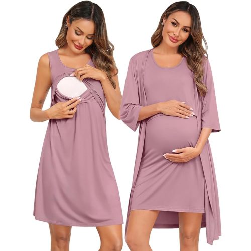 SWOMOG Women Maternity Nursing Gown and 3/4 Sleeve Robe Set Labor Delivery Nightgown Breastfeeding Hospital Bathrobe