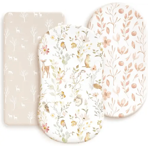 GRSSDER Stretchy Ultra Soft Fitted Bassinet Sheets 3 Pack, Universal Fit for Baby Cradle Moses Basket Oval Rectangle Mattress Safe and Snug, Beautiful Blush Pink Floral Bassinet Sheet for Girls