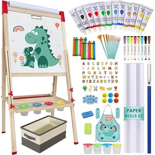 Easel for Kids,Adjustable Wooden Art Easel for Kids,114+ Art Supplies,Double Sided Magnetic Chalkboard and White Board for Kid,Drawing and Painting for Aged 2-4,5-7,8-12,2 Paper Rolls