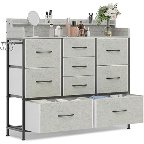 9 Drawers Dresser with Hooks, Dressers for Bedroom, Living Room, Hallway, Nursery (Greige)