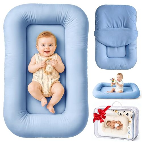 Infant Support Cushion & Baby Support Cushion for Newborn 0-24 Months, Breathable Cotton Pad, Supervised Use, Portable Infant Essentials for Travel and Home, Blue (Cover Included）