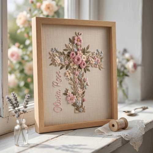 Hand Embroidered Floral Cross, Personalized Baptism Gift for Girl, Custom Name Christening Keepsake, First Communion Framed Art