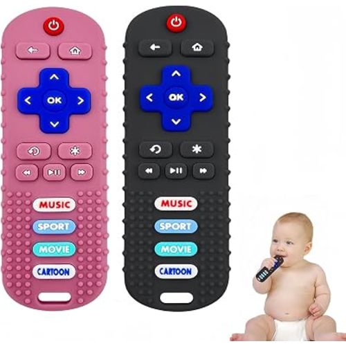 SOLIFEGOBLE 2 Pack Baby Teether Toys,Silicone Remote Teether for Babies,Baby TV Remote Toys,Infant Chew Toys for Babies Chew Toys (Black + Pink)