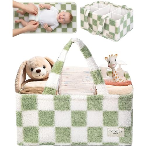 Checkered Diaper Caddy Organizer with Portable Changing Mat - Teddy Fleece Diaper Organizer for Changing Table - Caddy Organizer with Removable Dividers - Green and White