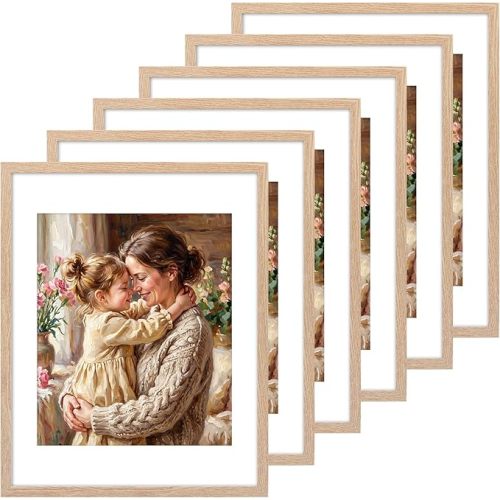 Fixwal 11x14 Picture Frame Set of 6 with Shatter Resistant Plastic Glass, Thin Border and Light Weight Photo Frames for Wall,Gift for Mother's Day, Father's Day, Natural