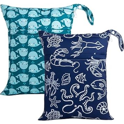 ALVABABY 2pcs Cloth Diaper Wet Dry Bags Waterproof Reusable with Two Zippered Pockets Travel Beach Pool Daycare Soiled Baby Items Yoga Gym Bag for Swimsuits or Wet Clothes LX-SW1821