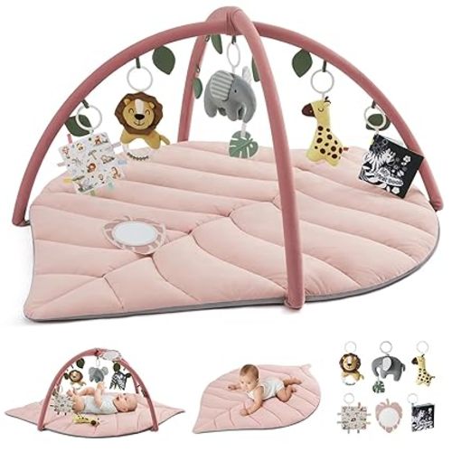 Blissful Diary Baby Play Gym & Activity Mat, Oversize Leaf Shaped Tummy Time Baby Play Mat w 6 Detachable Toys Promotes Motor Skills & Sensory Development, Newborn Infant Essentials Gift, Crystal Pink