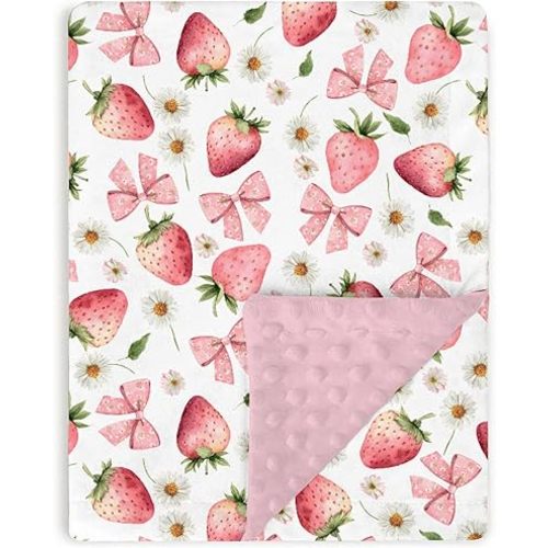 Pink Baby Blankets for Girls 30" x 40", Soft Double Layer Minky Blanket with Dotted Fleece Back, Nursery Bed Receiving Quilt for Newborn Infant Toddler Shower Gift Strawberry Bow Daisy Theme