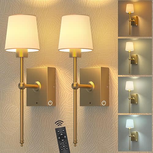 Battery Operated Wall Sconces Set of 2: Gold Rechargeable Wall Lights with Touch and Remote Control, Wireless Battery Powered Wall Scone Cordless Wall Lamp for Bedroom Living Room Bathroom Hallway