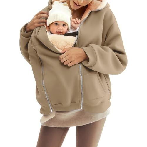 Women Fleece Zip Up 2 in 1 Baby Wearing Jacket Maternity Winter Coat Thicken Wearing Outerwear Kangaroo Clothes