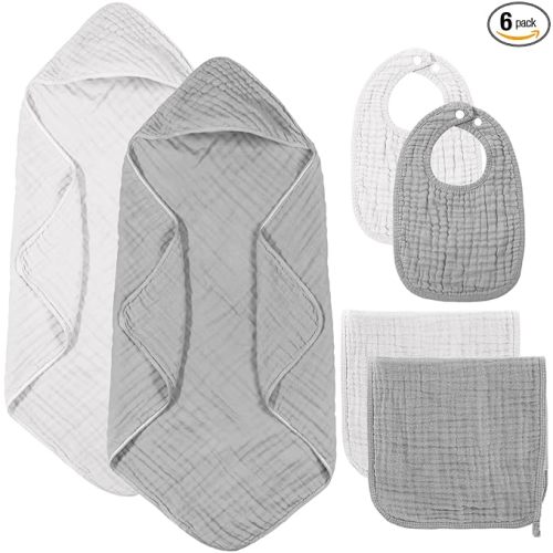 Hahafelt 6 Pcs Muslin Hooded Bath Towels Washcloths and Bibs Set, Muslin Cotton Baby Towels Absorbent Hooded Blanket Towel Infant Bibs for Boys Girls Newborn Infant Essential(White, Light Gray)