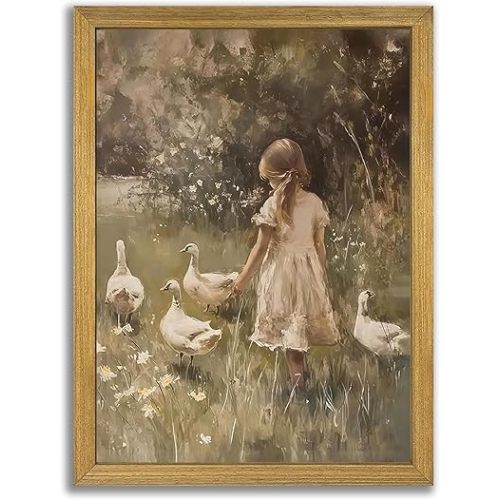 Wood Framed Canvas Wall Art, Vintage Girl with Ducks Painting Poster, Countryside Pastoral Landscape Print Picture, Rustic Farmhouse Wall Decor for Living Room Bedroom Nursery 12x16 inch
