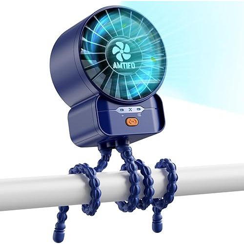 AMTIFO Dark Blue Stroller Fan - USB Rechargeable, Turbo Cooling, Quiet, Adjustable Speeds, Portable Baby Fan for Strollers, Car Seats, Nurseries, and Outdoor Activities, Long Battery Life