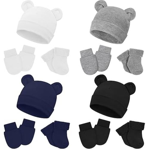 Cuffbow 4 Pcs Preemie Hats Mittens and Socks Set Preemie Mittens Warm Terry Socks for Baby