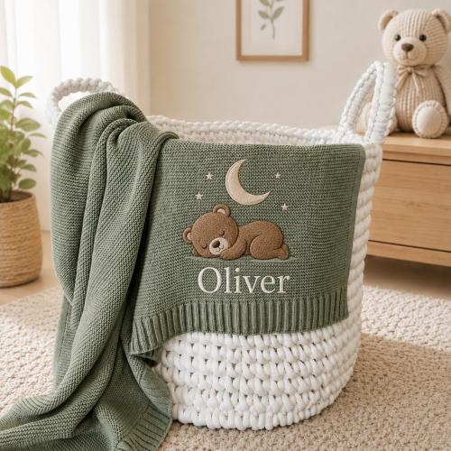 Personalized Embroidered Bear Baby Blanket, Sage Green Knit Nursery Keepsake