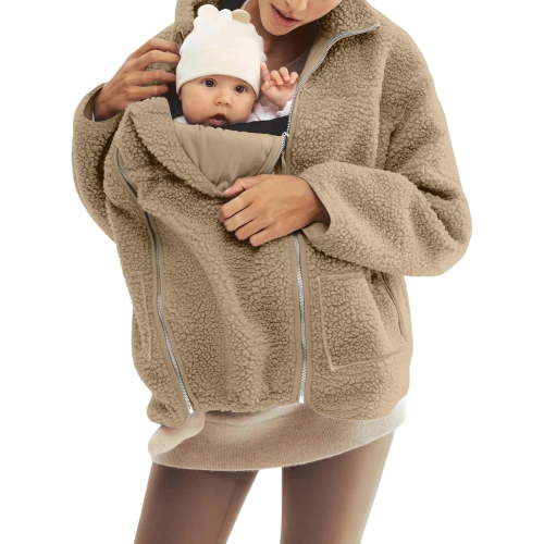 Women's Fleece Zip Up 2-in-1 Baby Wearing Jacket, Maternity Winter Coat with Kangaroo Pocket, Thick Warm Baby Wearing Clothes for Mothers, Postpartum Winter Jacket