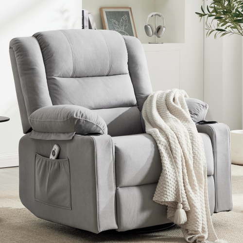 Swivel Rocking Recliner Chair for Adults, Overstuffed Manual Rocker Nursery Recliner Glider, Upholstered Fabric Reclining Single Sofa Chair for Living Room (LihgtGrey)