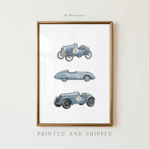 Vintage Blue Race Car Nursery Wall Art Set of 3, Classic Car Prints for Boys Room, Transportation Nursery Decor, Race Car Art