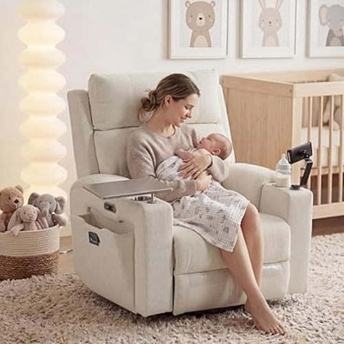 Power Swivel Glider Recliner w/ Adjustable Headrest & Lumbar, Electric Nursery Rocking Chairs with Side Storage Space, USB Port, Phone Stand, Stry Table, Cup Holder for Nursery & Home, Beige Fabric