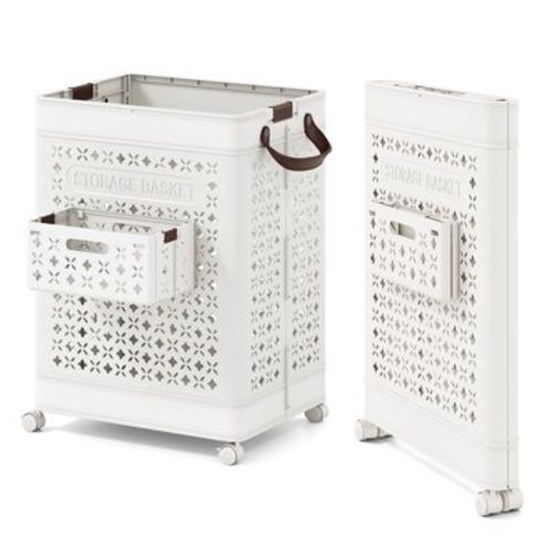 Costway Collapsible Laundry Basket Movable Laundry Cart with Side Basket, Lockable Wheels