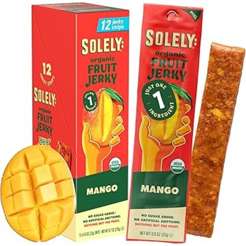 Solely - Organic Mango Fruit Jerky - 12 Individually Wrapped Fruit Strips - Fruit Leather Made from Dried Fruits - Healthy Snacks, Vegan - 0.8oz (23g)
