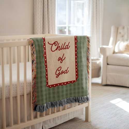 Christian Baby Blanket, Vintage Plaid Checkered Child of God Woven Blanket, Faith-Based Newborn, Baptism & Baby Shower Gift