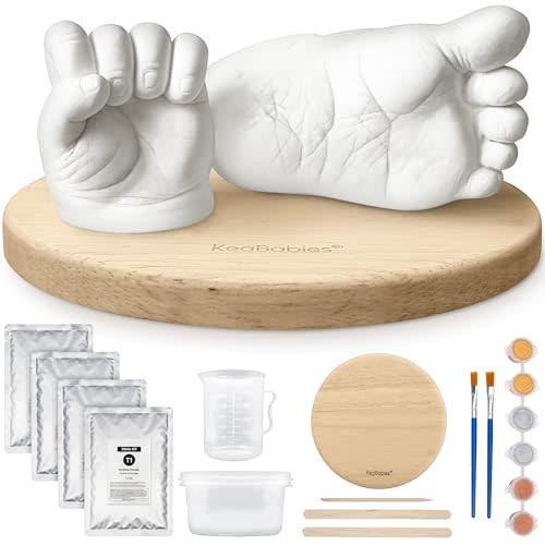 KeaBabies Baby Casting Kit Hands and Feet Mold - 3D Newborn Hand Casting Kit & Stylish Wood Base, Easy DIY Infant Foot Molds 0-9 Months, BPA-Free Baby Keepsake, Shower Gifts for Moms (Round, Ash Wood)