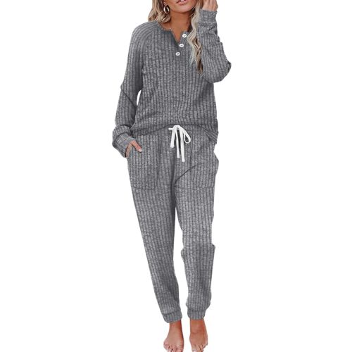 WIHOLL Two Piece Outfits for Women Lounge Sets Button Down Sweatshirt Sweatpants Sweatsuits Set with Pockets