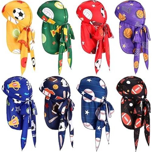 Leumoi 8 Pcs Kids Silky Durags for 0-4 Years Boys, Sports Baby Toddler Ball Theme Long Tail Satin Headwrap Durag