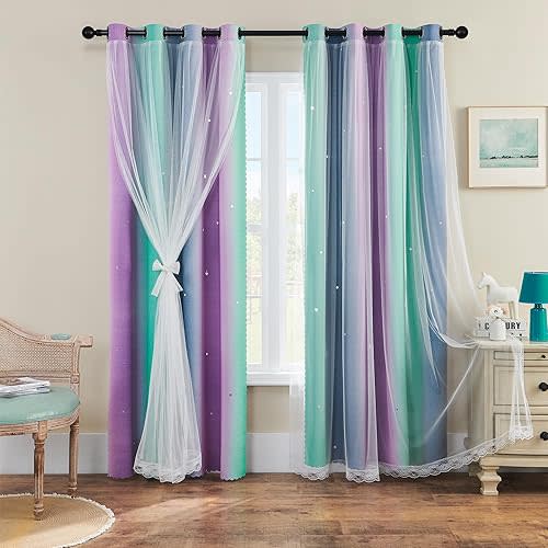 XiDi Purple Grey Green Short Curtains for Girls Bedroom 2 Panels Set, Rainbow Blackout Curtains for Kids Room Decor, Unicorn Wall Decals Grommet Drapes for Nursery 45 Inches Long 34 Inches Wide