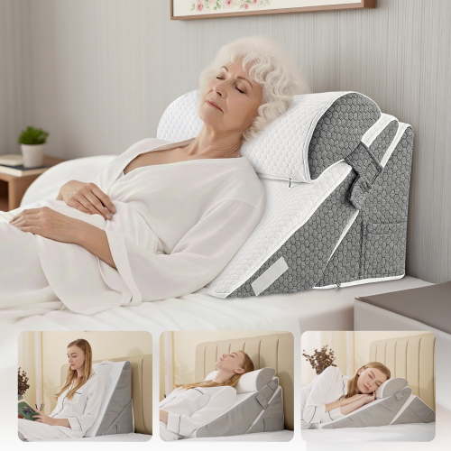 Grnoedn Wedge Pillow for Sleeping,Orthopedic Adjustable Memory Foam Bed Wedge Pillows Set for Acid Reflux,Leg Back Pain Relief & Reading Rest,Headboard with Neck Support & Gray Removable Pillowcase