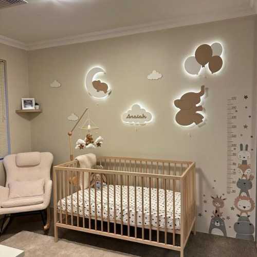 Set of 4 Nursery Night Lights, Baby Room Wall Lamp, Cloud Moon Elephant Light, Kids Room Decor, Baby Shower Gift, Nursery Lighting