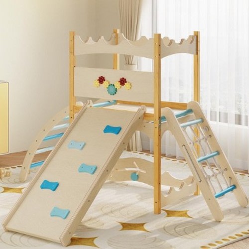 6-in-1 Wooden Kids Climbing Set with Slide, Rock Wall, Net, Ladder, Rest Area & Maze. Indoor Jungle Gym Playground