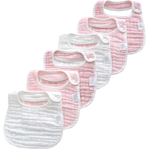 MUKIN Baby Muslin Bibs and Burp Cloths, 6 Pack, Soft Absorbent Cotton, Adjustable