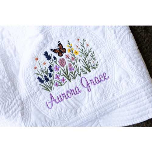 Custom Embroidered Wildflower Theme Heirloom Baby Quilt: Personalized Floral Newborn Keepsake