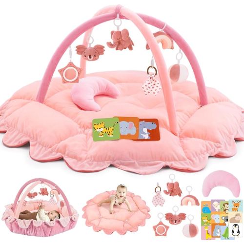 5-in-1 Plush Baby Play Gym, Activity Mat with Convertible Gym and Pillow, 6 Sensory Toys, Play Center from Newborn to Toddler, Light Pink