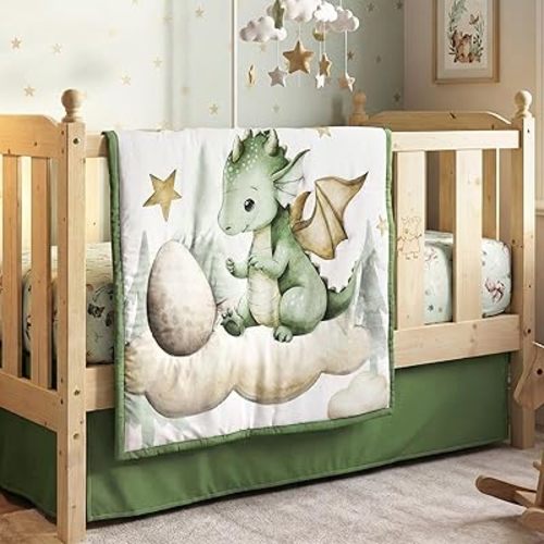 Peryiter 3 Pcs Watercolor Dragon Crib Sheet Set Baby Crib Bedding Set Includes 52"x28" Fitted Sheet, Quilt, Bed Skirt for Newborn Boy Girl Cute Dragon Nursery Newborn Sheets Baby Shower Gifts Decor
