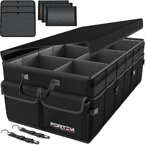 FORTEM Trunk Organizer For SUV Car Trunk Organizer, Foldable Storage, Car Accessories for Women Men, Collapsible Multi Compartment, 600D Oxford, Non Slip Bottom, Securing Straps, Soft Cover (85L)