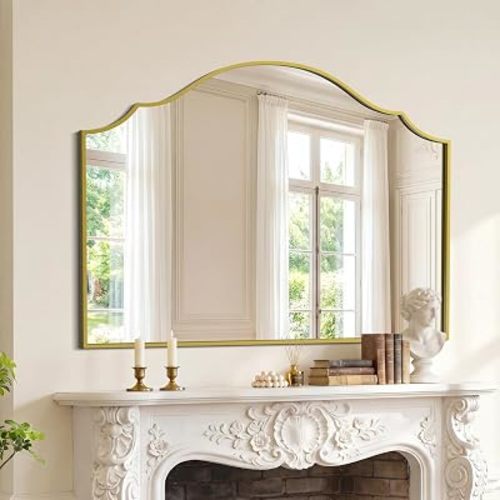 CILIBER Large Scalloped Gold Mirror, 40"x30" Vintage Arched Mirror with Metal Frame, Decorative Wall Mirror for Bathroom Vanity, Mantel, Bedroom, Living Room and Entryway