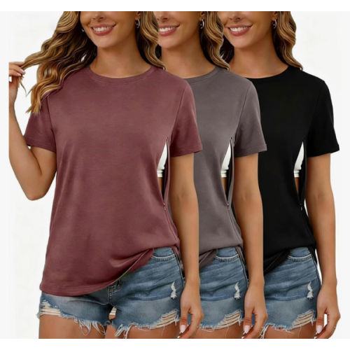 Women's Nursing Shirts for Breastfeeding with Hidden Zipper Short Sleeves 3 Pack Maternity Nursing Tops
