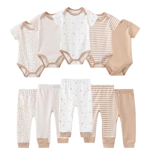 Ruliby Baby Bodysuit and Pant Set 10-pcs Cotton Soft Newborn Boy Girl Clothes Outfits